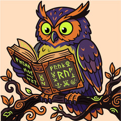 Naklejka premium Cartoon Owl Reading Magic Spellbook Perched on Branch Illustration