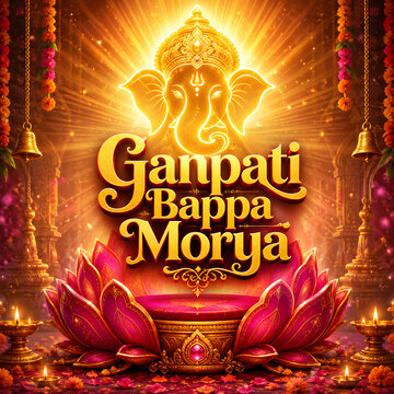Ganpati bappa morya text on glowing ganesha background, lotus throne, bells, lamps.