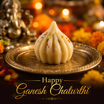 Happy ganesh chaturthi greeting with modak sweet on golden plate, blurred ganesha statue.