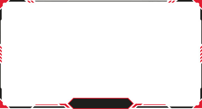 Gaming live stream overlay frame featuring dark tech design with red glowing edges and channel name placeholder with live indicator badge for streamers on platforms like twitch or youtube gaming setup