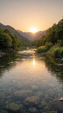 Gentle river flowing through a valley with lush green trees and mountains during sunset