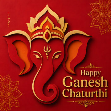 Lord ganesha paper cut art design for ganesh chaturthi festival with gold ornate elements.