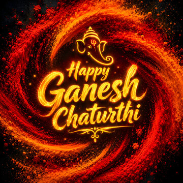 Sparkling golden ganesha typography on vibrant swirling orange and red colored powder dust.