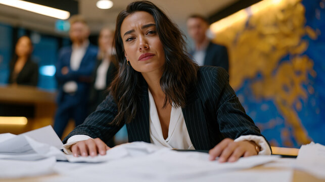 Young professional dropping a folder of work before a board presentation, scattering papers across a conference room floor, colleagues watching, her face a study in mortification and recovery, depic