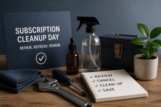 Subscription cleanup day concept with checklist and cleaning tools on desk
