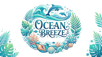 Fototapeta premium A colorful illustration of ocean breeze with dolphins and tropical leaves on transparent background