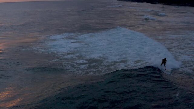 Aerial Sunset Surfing Scene Along Polhena Coastline, Sri Lanka