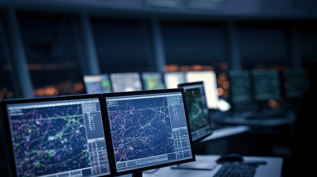 Control tower monitors displaying air traffic data in dimly lit room