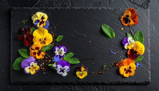 Culinary flower flat lay  vibrant edible pansies  borage flowers  and fresh mint