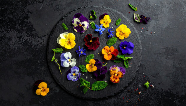 Culinary flower flat lay  vibrant edible pansies  borage flowers  and fresh mint