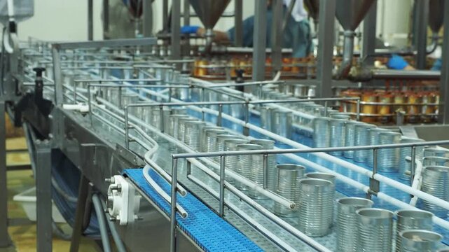 Food processing line with worker packing sardine in can at factory. Industrial conveyor belt system in clean manufacturing facility, focus on food production quality control export industry concept.