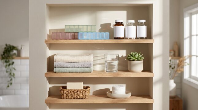 Organized Wellness Shelf With Pill Organizers Vitamins Morning Light