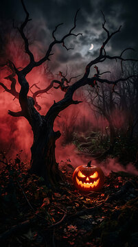 Glowing jack o lantern in a spooky dark forest at night