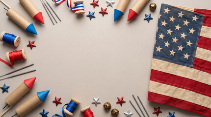 Obraz premium Us patriotic border holiday flat lay with usa flag firework rocket star ribbon joy. american 250 years independence celebration. freedom symbol, banner frame design, background copy space