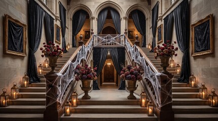 Fototapeta premium Gothic Staircase Installation With Webbing Lanterns And Dried Roses