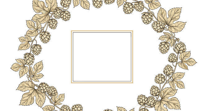 Circular wreath of sketch hops and leaves with central white rectangular card for label or celebration card design.