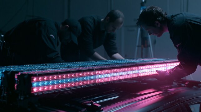 Workers fitting modular sections of a roofmounted emergency lightbar showcasing the customization process and integration of various colored LED modules in a medium studio setting.