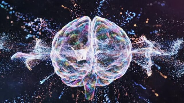 A glowing digital brain model composed of vibrant light particles