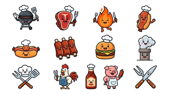 Set of cute barbecue and grill food characters in cartoon style