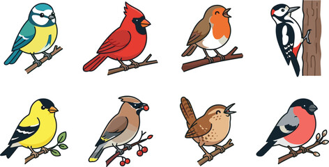 Cute Garden Birds Vector Icon Set Featuring Cardinal Blue Tit and Robin for Nature Design Graphics © MstRupali