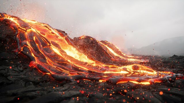 Dynamic wide shot of bright molten lava cascading down a rugged volcanic terrain with specks of glowing embers against an overcast sky.