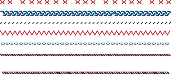 PrintSewing Stitch Seamless Brush and Border Line Vector Set Featuring Cross Stitch Zigzag Embroidery Rope Chain and Dashed Pattern Textures for Tailoring Designs © Roshidul
