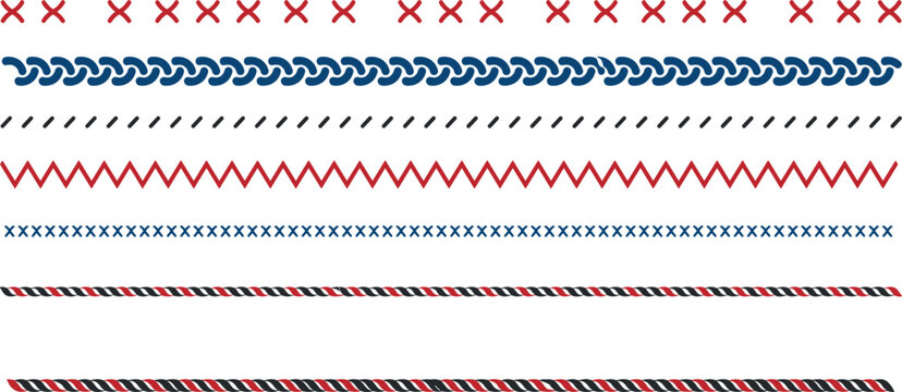 PrintSewing Stitch Seamless Brush and Border Line Vector Set Featuring Cross Stitch Zigzag Embroidery Rope Chain and Dashed Pattern Textures for Tailoring Designs