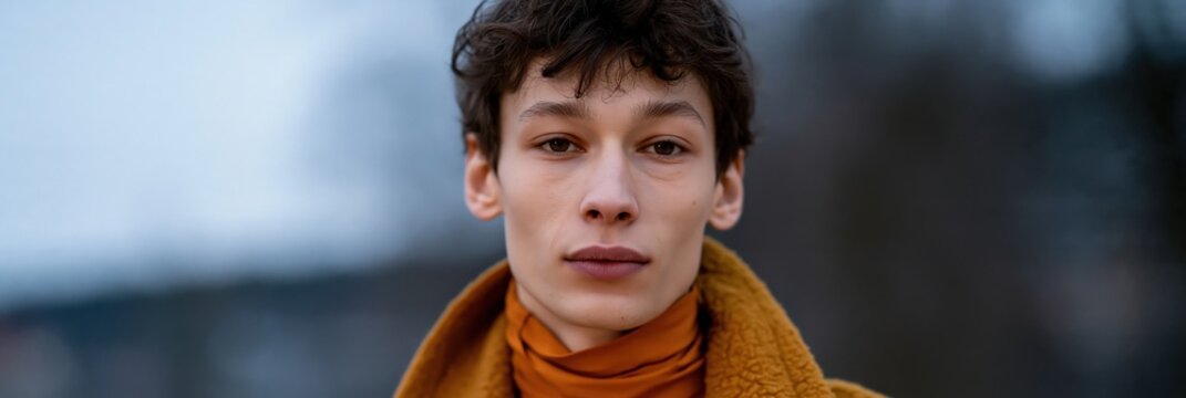 Close up outdoor portrait of slender young man in mustard coat and orange turtleneck for fashion editorial background and portrait banner