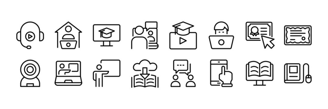 Remote Learning Icon Set. Education, Virtual Class, and E-Learning Line Icons with Transparent Background. Vector Illustration.