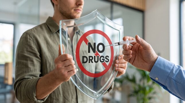 Man holding a transparent shield deflecting a hypodermic needle with a no drugs sign symbolizing health