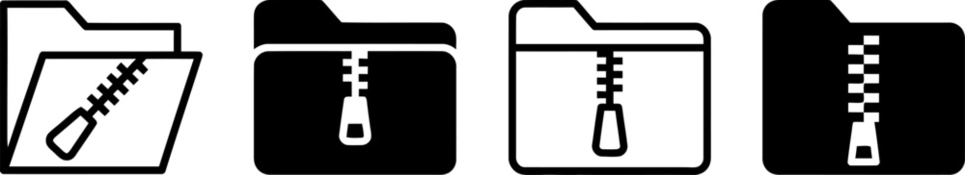 Set of four folder icons with zipper elements in flat and silhouette styles compression document computer management