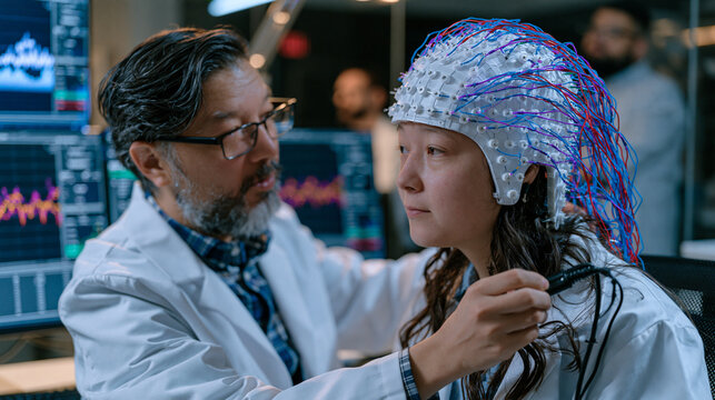 Neuroscientist calibrating electrode placement on a research participant fitted with a dense electroencephalography cap in a shielded brain mapping suite, waveform readouts populating screens as tec