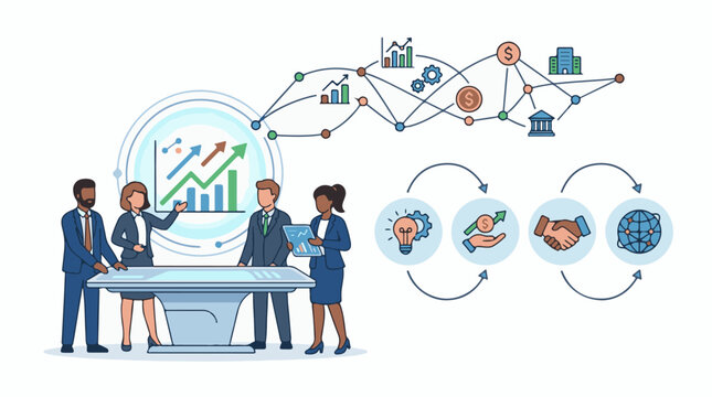 Business professionals analyzing graphs and charts around a table with a network diagram
