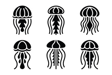 Set of six black jellyfish silhouettes on white background  marine life icons © MSTTASPRIYA