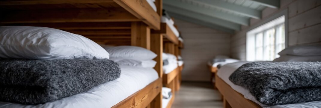 Symmetrical interior of wooden bunk beds in a light cabin dormitory with white linens and gray wool throws for lodge or retreat background