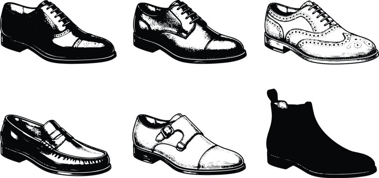 Vintage Hand Drawn Men's Dress Shoes Collection Engraving Set Isolated on White Background Illustration