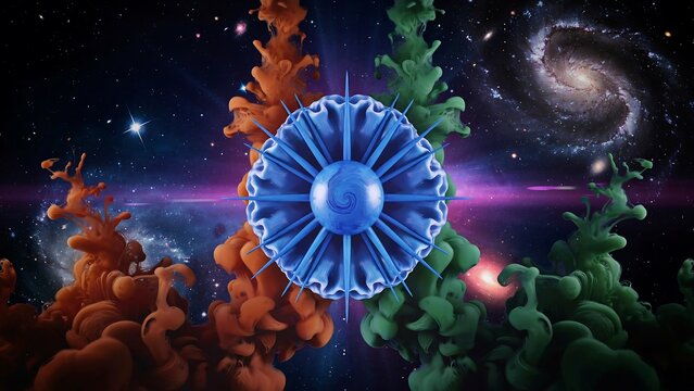 Dynamic cosmic illustration of blue central emblem surrounded by orange and green smoke plumes across starry night sky with spiral galaxies and luminous horizontal light beam effect.