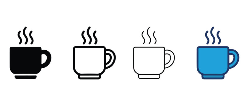 steaming coffee cups in different colors and line styles  black filled blue filled white outlined and black outlined on white background