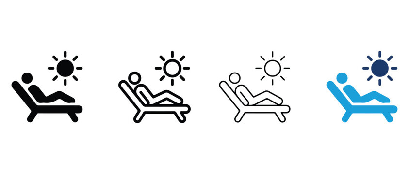 Icons of people lying on beach chairs under the sun in different colors and styles for design and illustration purposes  various representations of relaxation and leisure activities