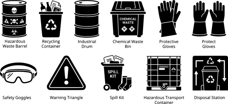 Set of hazardous waste management black silhouettes and chemical safety vector icons, featuring industrial storage barrels, recycling containers, protective gloves, safety goggles, spill kits