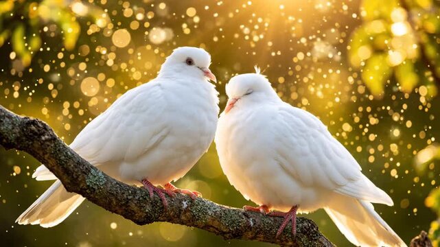 Two white doves perched on a branch in sunlight, symbolizing peace and love.