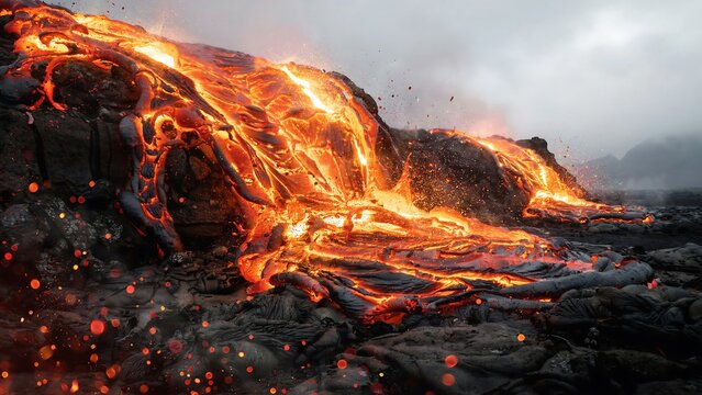 Molten lava flowing over black volcanic rock under cloudy sky with orange sparks and glowing embers during volcanic eruption creating dramatic texture of fire and earth elements view.