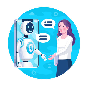 AI assistant in smartphone app interacting with user. Concept of digital assistant, chatbot, tech support, mobile technology and artificial intelligence. Flat design vector illustration.