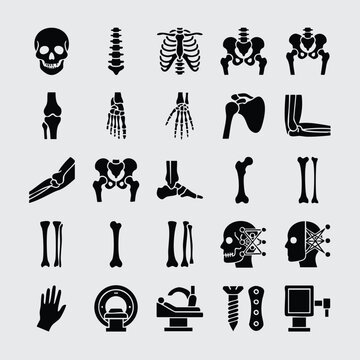 Human skeletal anatomy and medical diagnostics icon set with skeleton healthcare orthopedic shoulder hospital clinical diagnostic treatment physiotherapy physical structure collection
