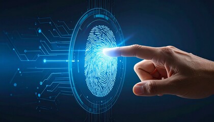 Fototapeta premium A conceptual close up of a human finger scanning a biometric digital fingerprint display for advanced high tech cyber security systems.