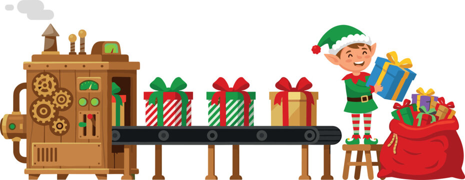 Christmas Elf Working at Santa Toy Factory Conveyor Belt Packing Holiday Gift Boxes into Red Sack Vector Cartoon Illustration