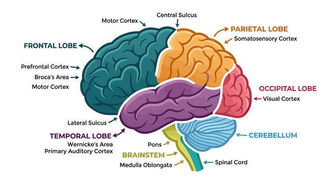 Human Brain Anatomy Diagram with Lobe Labels and Functions