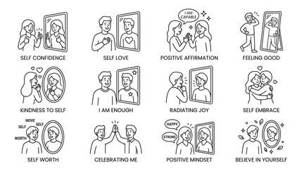 Fototapeta premium Self-care and Positive Mindset Icons: Self-confidence, Love, Affirmation, Joy