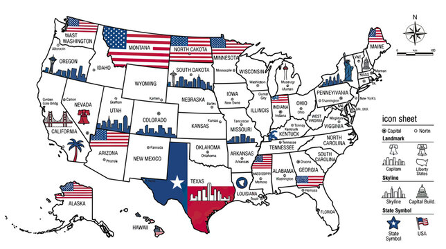 USA Map with State Flags and City Skylines