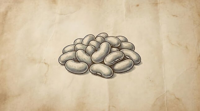 A vintage style kidney bean engraving illustration featuring a detailed heap of raw legumes set against an aged parchment paper background for design